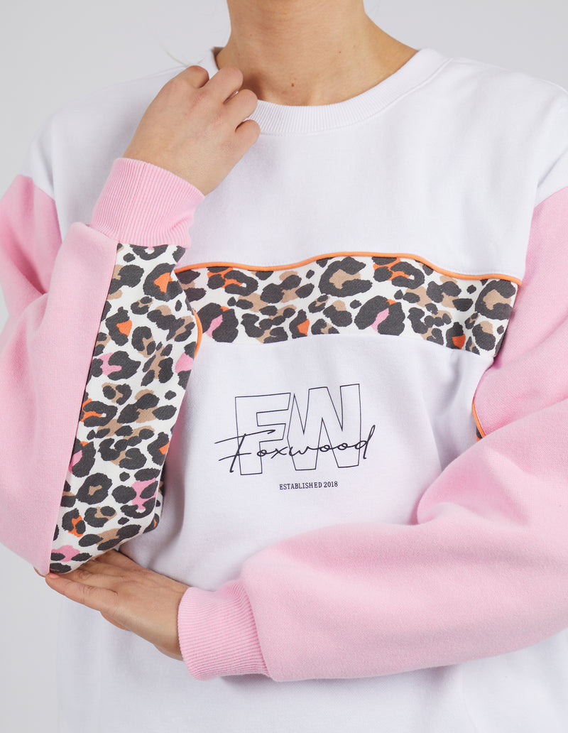 the leopard crew by foxwood is a cotton fleece pull on jumper with leopard print feature stripe