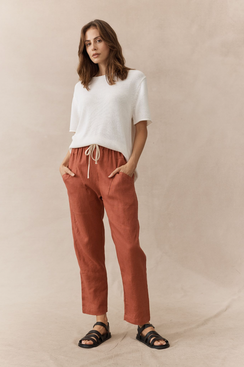 little lies linen luxe pants with front pockets and elastic waist in powder blue