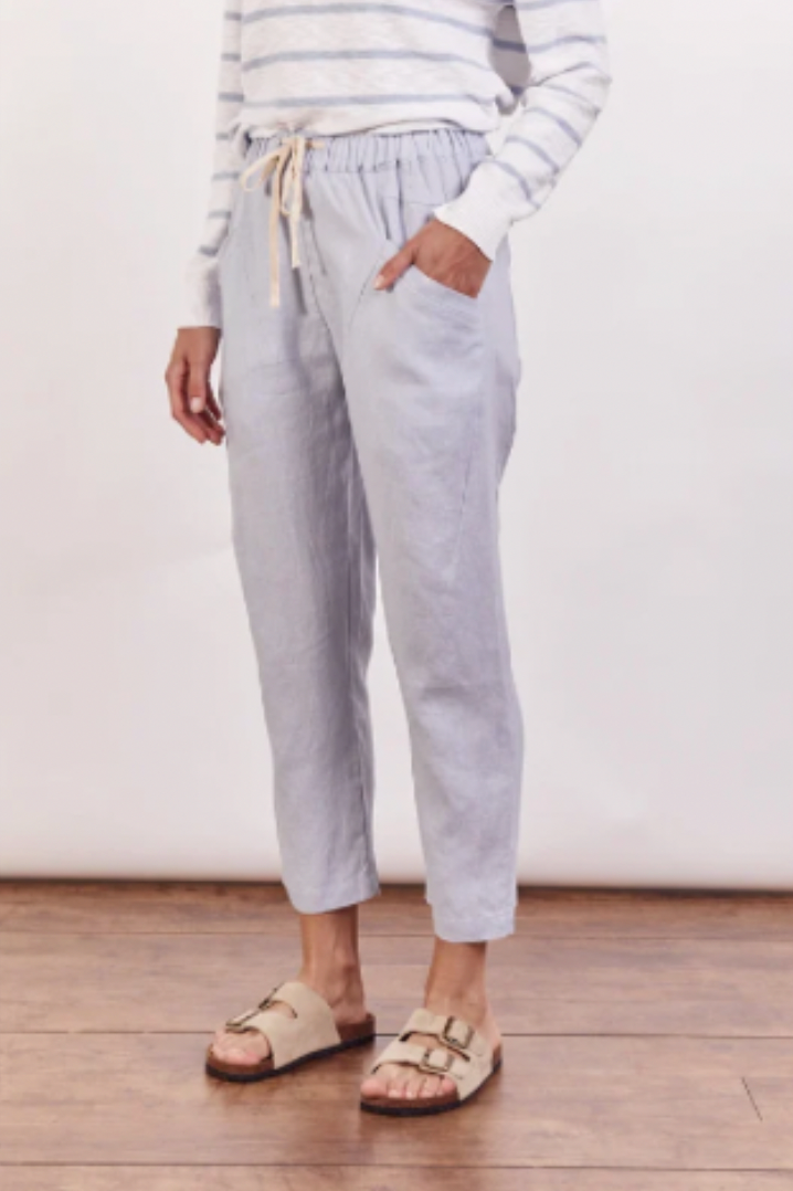 little lies linen luxe pants with front pockets and elastic waist in powder blue