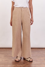 jude pants by little lies are a pink linen fitted pant with zipper and button closure and wide legjude pants by little lies are a tan linen fitted pant with zipper and button closure and wide leg