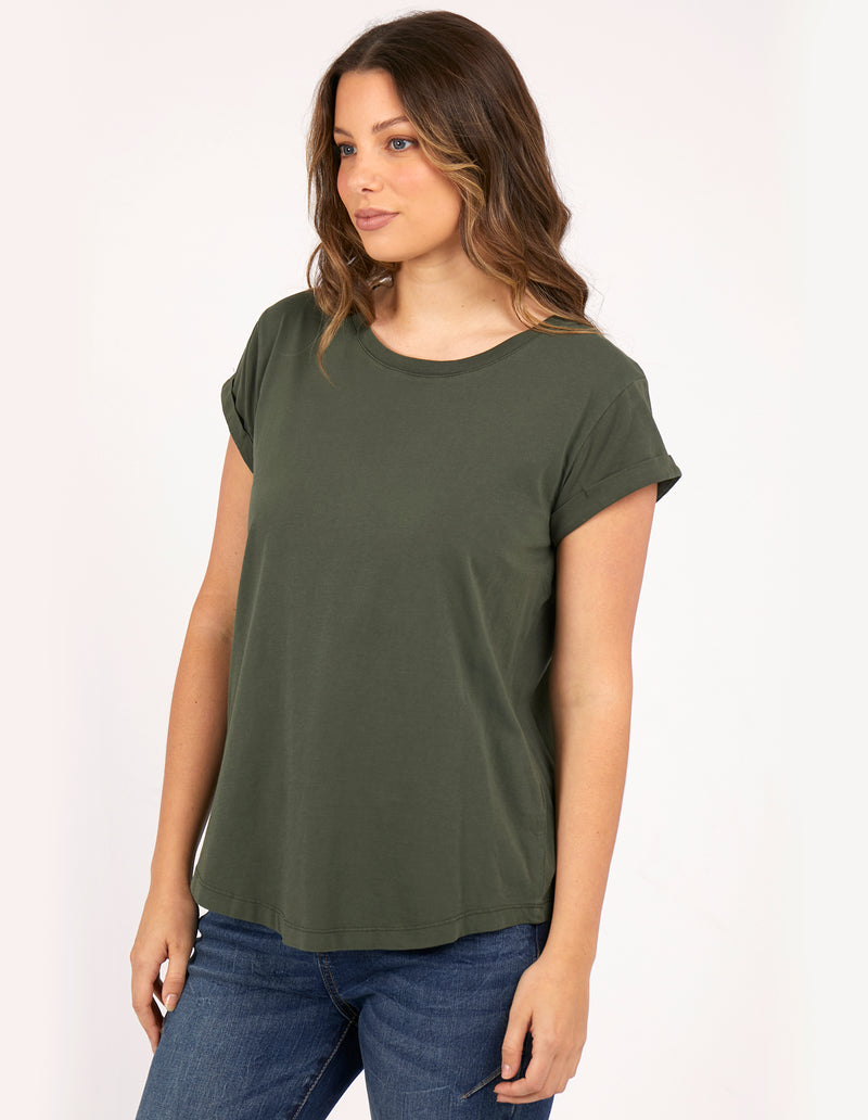 manly tee by foxwood is a soft cotton rolled sleeve top in khaki