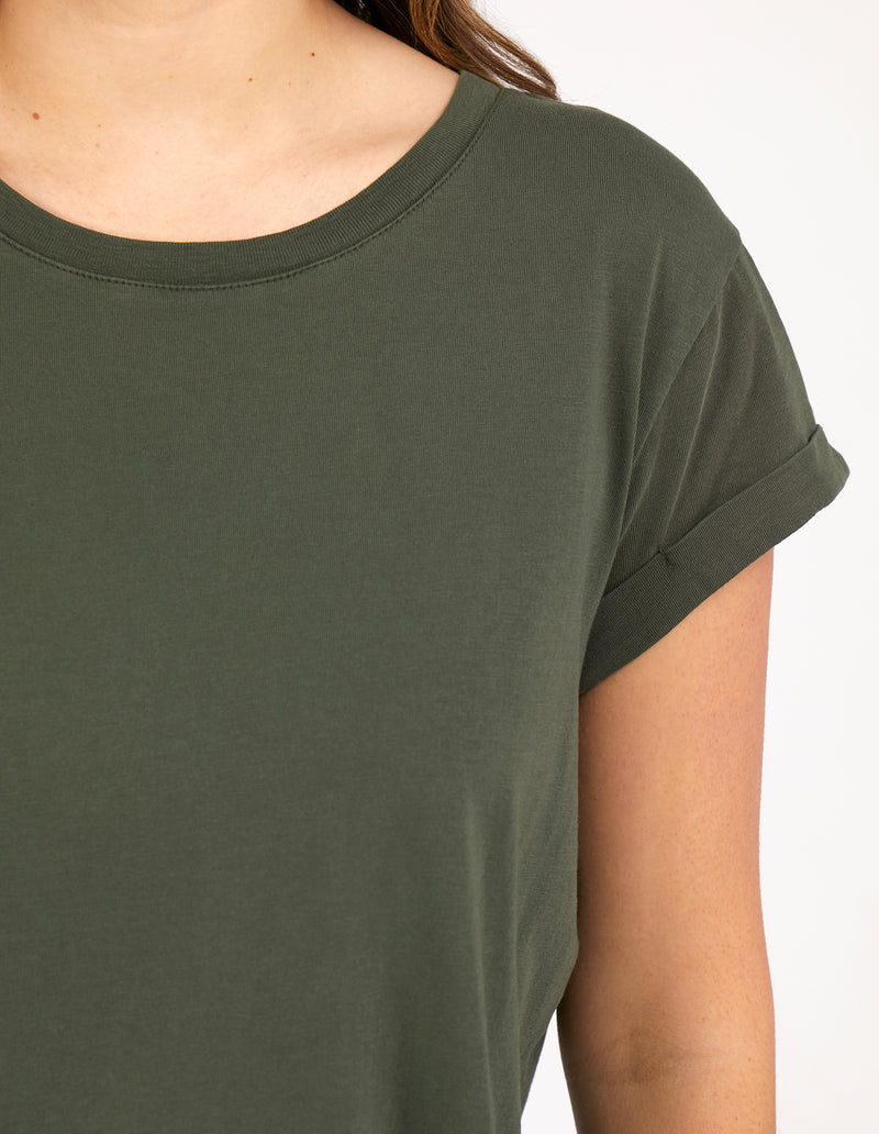 manly tee by foxwood is a soft cotton rolled sleeve top in khaki