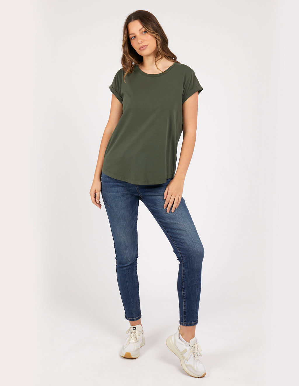 manly tee by foxwood is a soft cotton rolled sleeve top in khaki