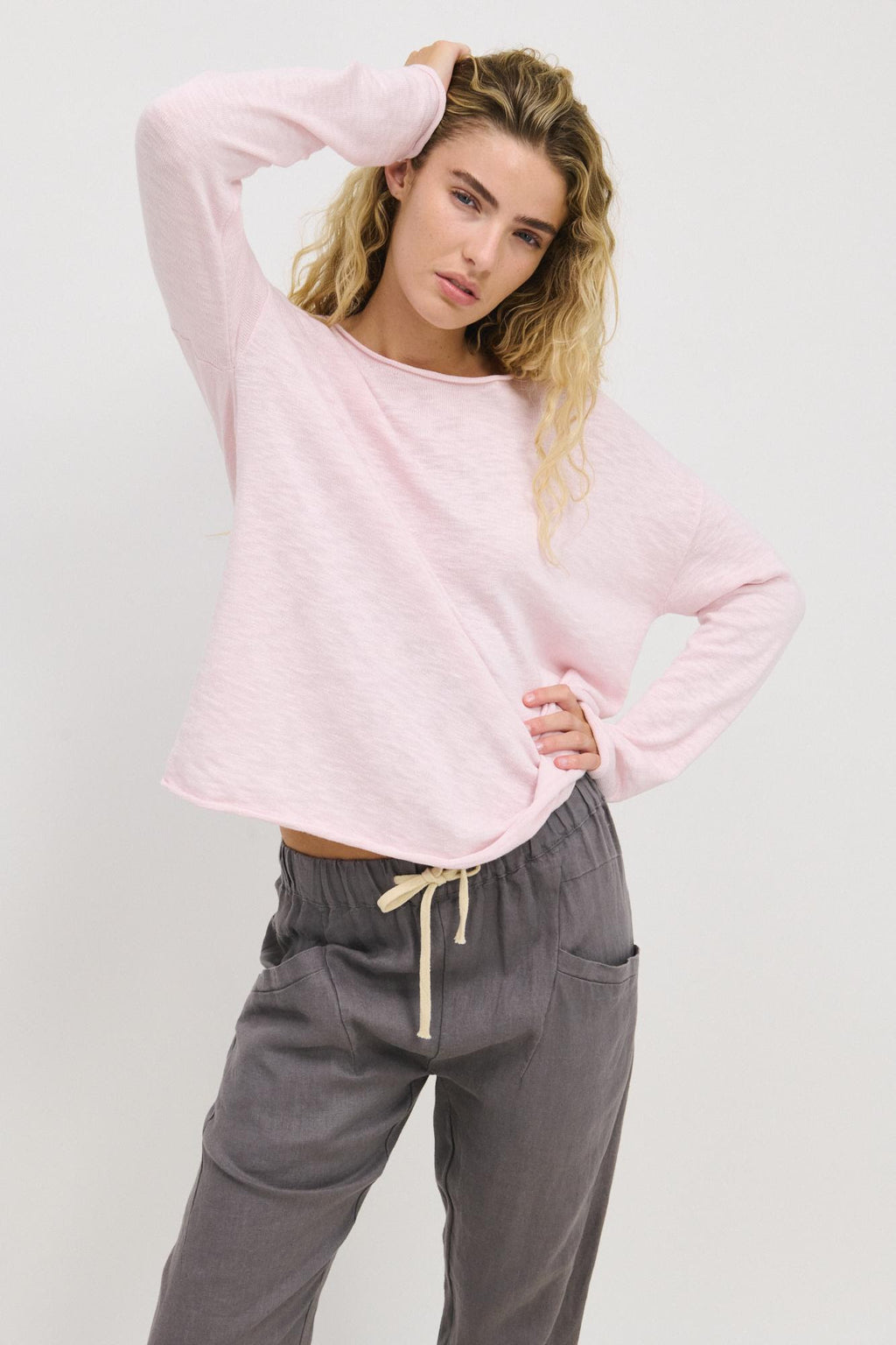 Nellie top by little lies is a pink long sleeve cotton relaxed fit lightweight jumper