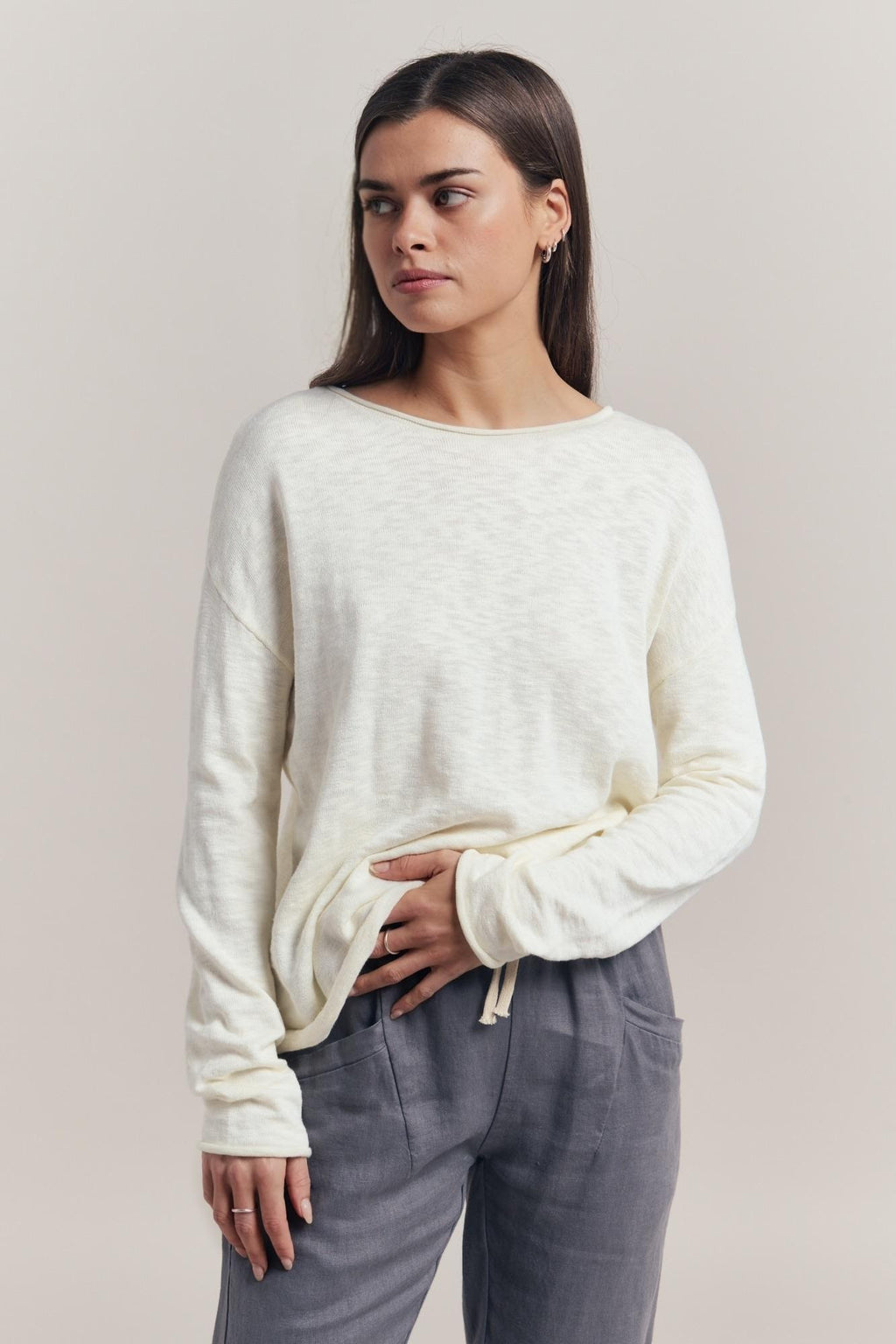 Nellie top by little lies is a off white milk long sleeve cotton relaxed fit lightweight jumper