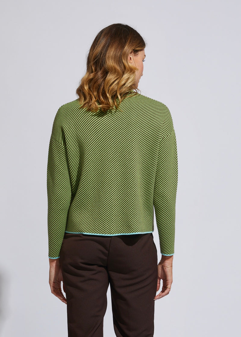 the neru collar jumper by ld and co is a knitted sweater in a chocolate brown and green diagnol knit pattern by ld and co