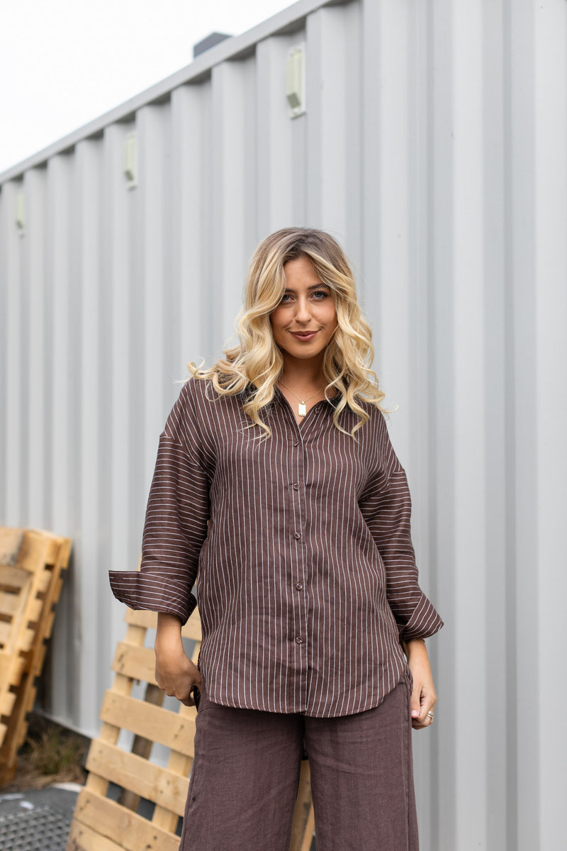 the orla stripe shirt from little lies is a chocolate and white pin stripe button up collared shirt