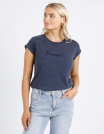 the foxwood signature tee is a soft cotton jersey tshirt with a rolled sleeve in a navy blue color