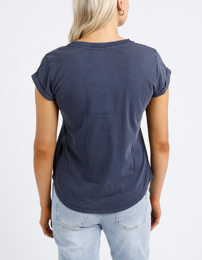 the foxwood signature tee is a soft cotton jersey tshirt with a rolled sleeve in a navy blue color