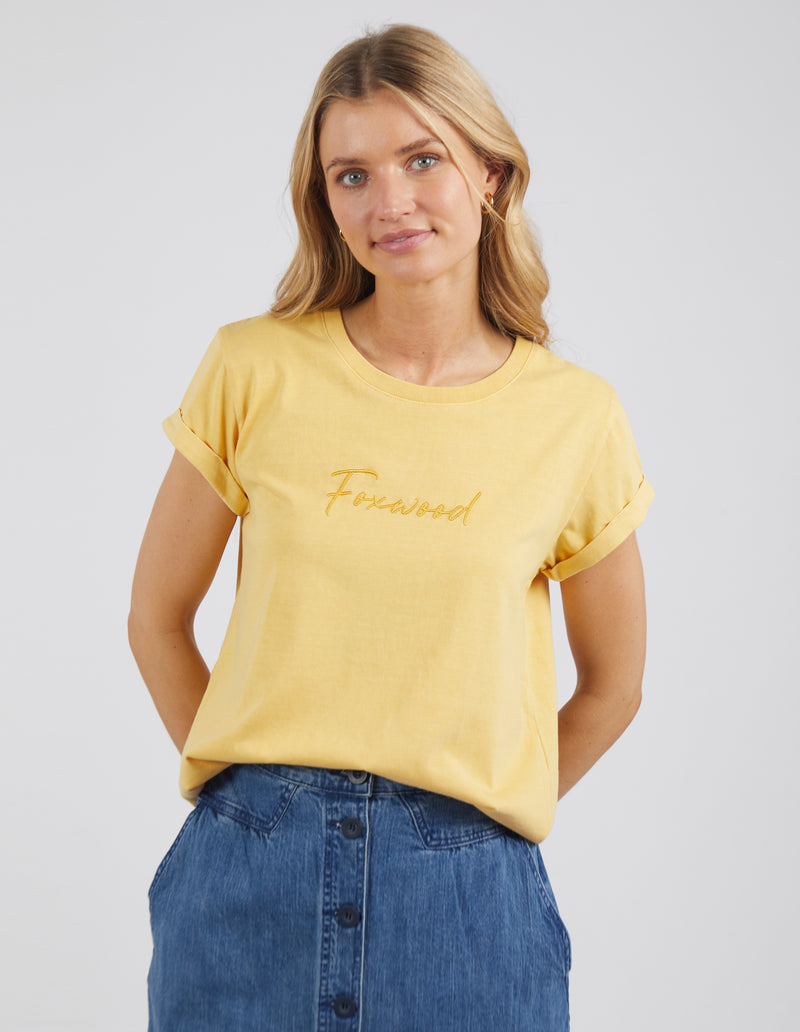 the foxwood signature tee is a soft cotton jersey tshirt with a rolled sleeve in a yellow color