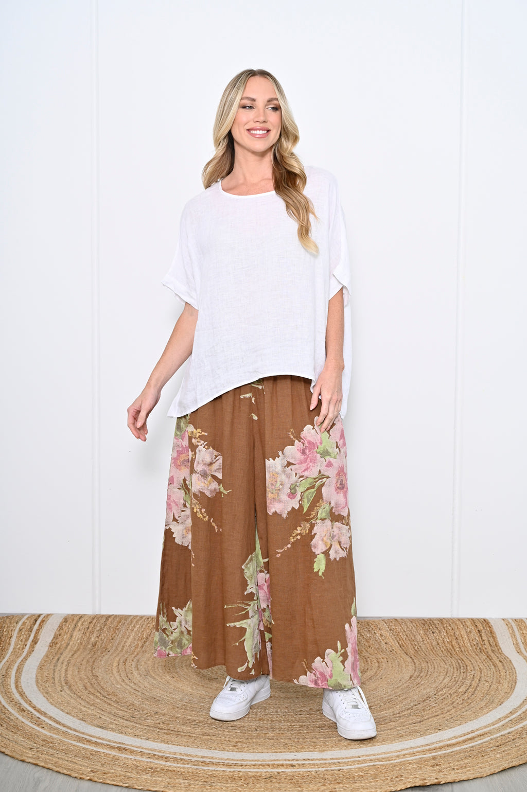 brown floral wide leg linen palazzo pants by Cali and Co