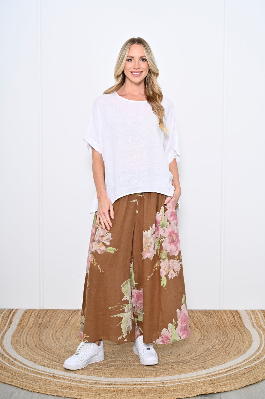 brown floral wide leg linen palazzo pants by Cali and Co