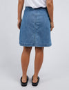 the amanda skirt by foxwood is a denim a-line skirt with feature button up front and flattering mid length with pockets