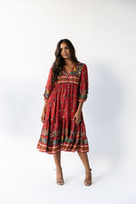Ayla is a red floral boho midi length made from rayon dress by Jipsi Cartel