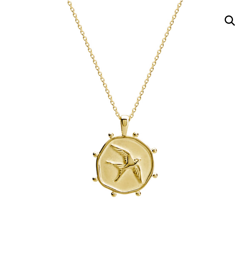 the freedom necklace by murkani is a 18 karat yellow gold plate fine chain with a swallow pendant
