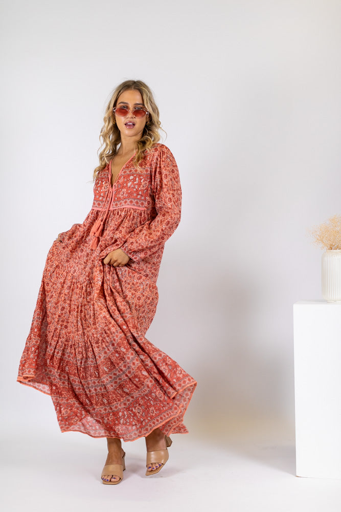 a rose pink coloured floral block print cotton boho maxi dress packed with contrasting details and borders