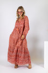 a rose pink coloured floral block print cotton boho maxi dress packed with contrasting details and borders