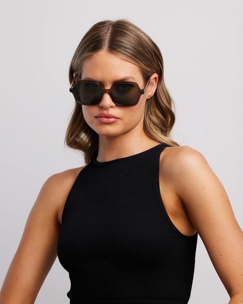 libertine sunglasses by reality eyewear are a classic oversized square shape in khaki