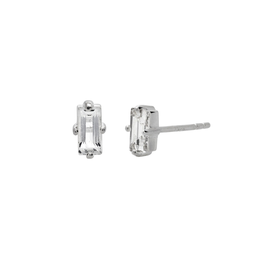 These white topaz sterling silver baguette stud earrings by Murkani are the perfect size & shape for stacking! 