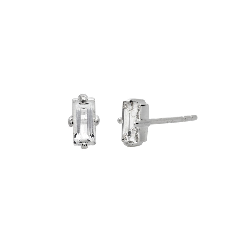 These white topaz sterling silver baguette stud earrings by Murkani are the perfect size & shape for stacking! 