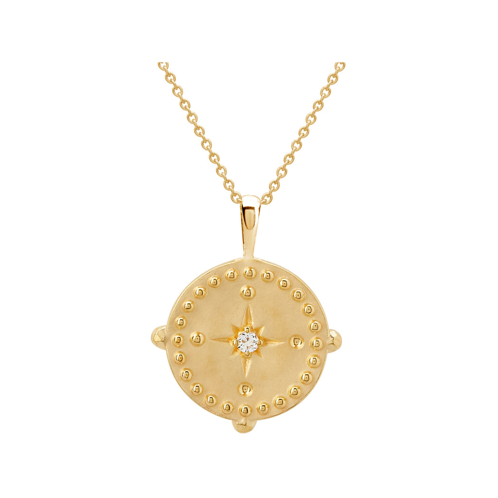 Murkani's 18 Karat yellow gold plated pendant disc Into The Light Necklace.