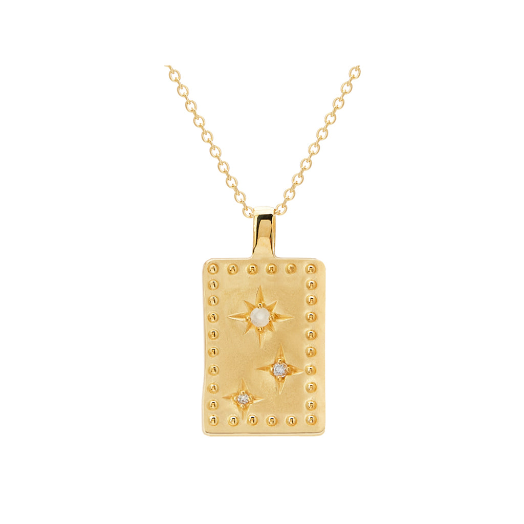 Murkani's 18 Karat yellow gold plated rectangle Into The Light Necklace.