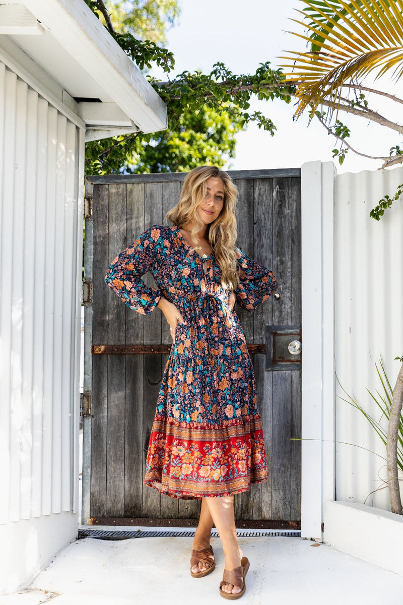 The Saffron is a bohemian floaty red and navy blue floral midi dress