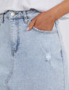 the belle skirt by foxwood is pale blue denim soft a line skirt