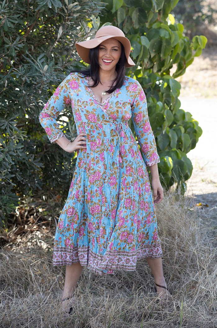a turquoise and pink floral cotton block print wrap dress by soul song