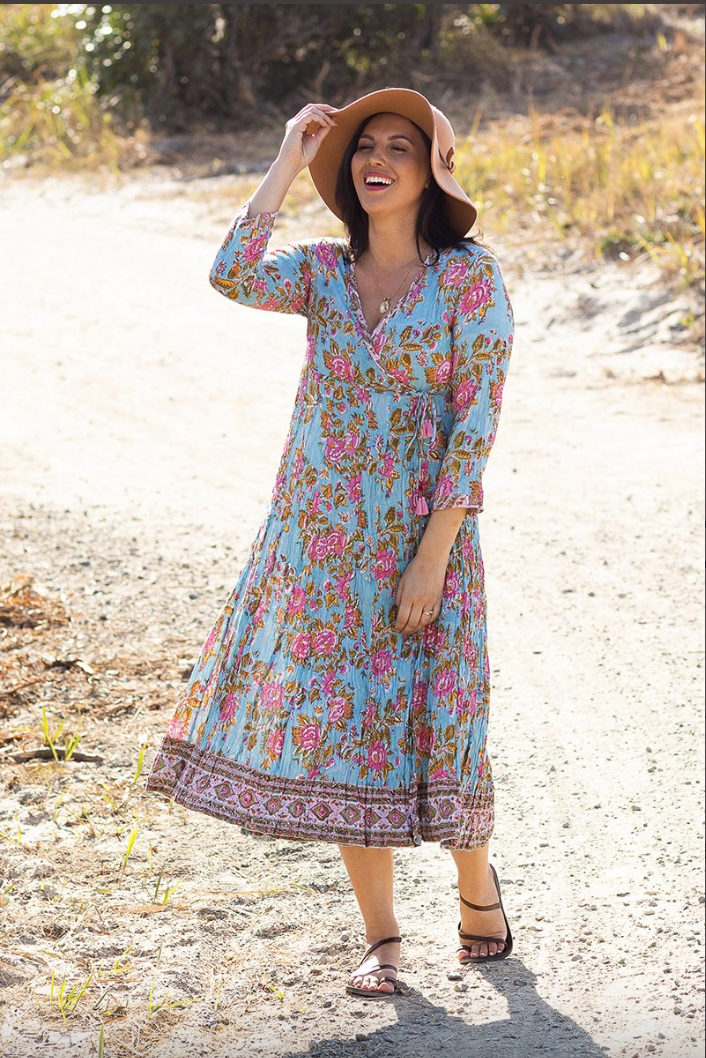 a turquoise and pink floral cotton block print wrap dress by soul song