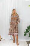 a vintage style boho block print cotton midi length dress by jipsi cartel