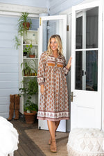 a vintage style boho block print cotton midi length dress by jipsi cartel