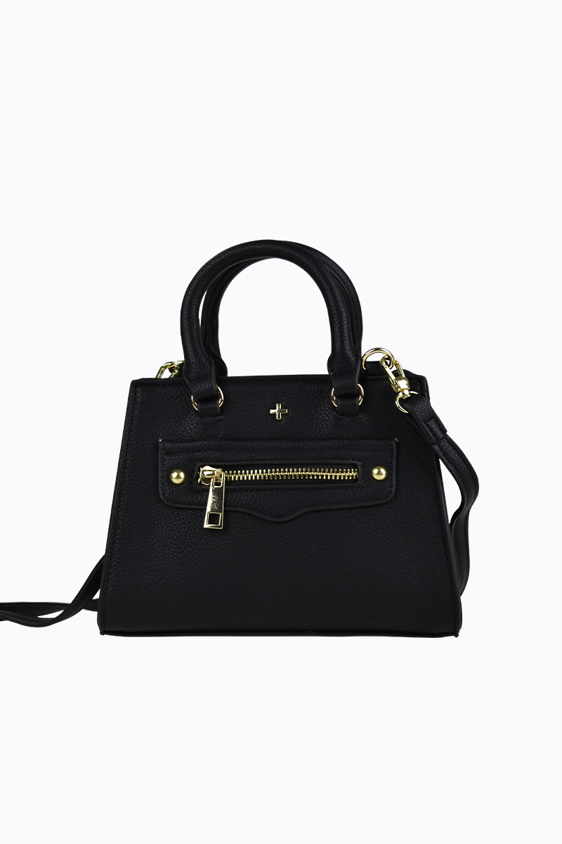 The Jaden Bag is a black smooth pebble vegan leather bag by peta and jain with gold hardware