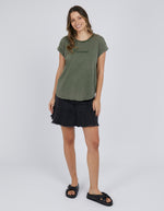 the foxwood signature tee is a soft cotton jersey tshirt with a rolled sleeve in a khaki green color